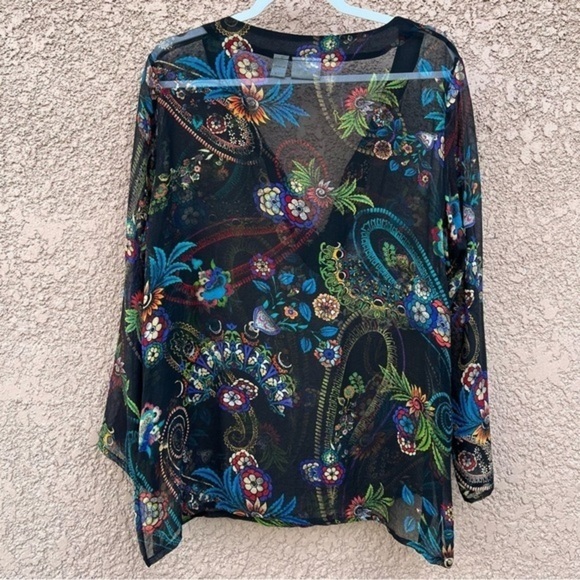 Chicos Sheer Silk Shirt 2 Womens Medium Paisley Floral Top, Swim Cover Up Tunic - Picture 3 of 16